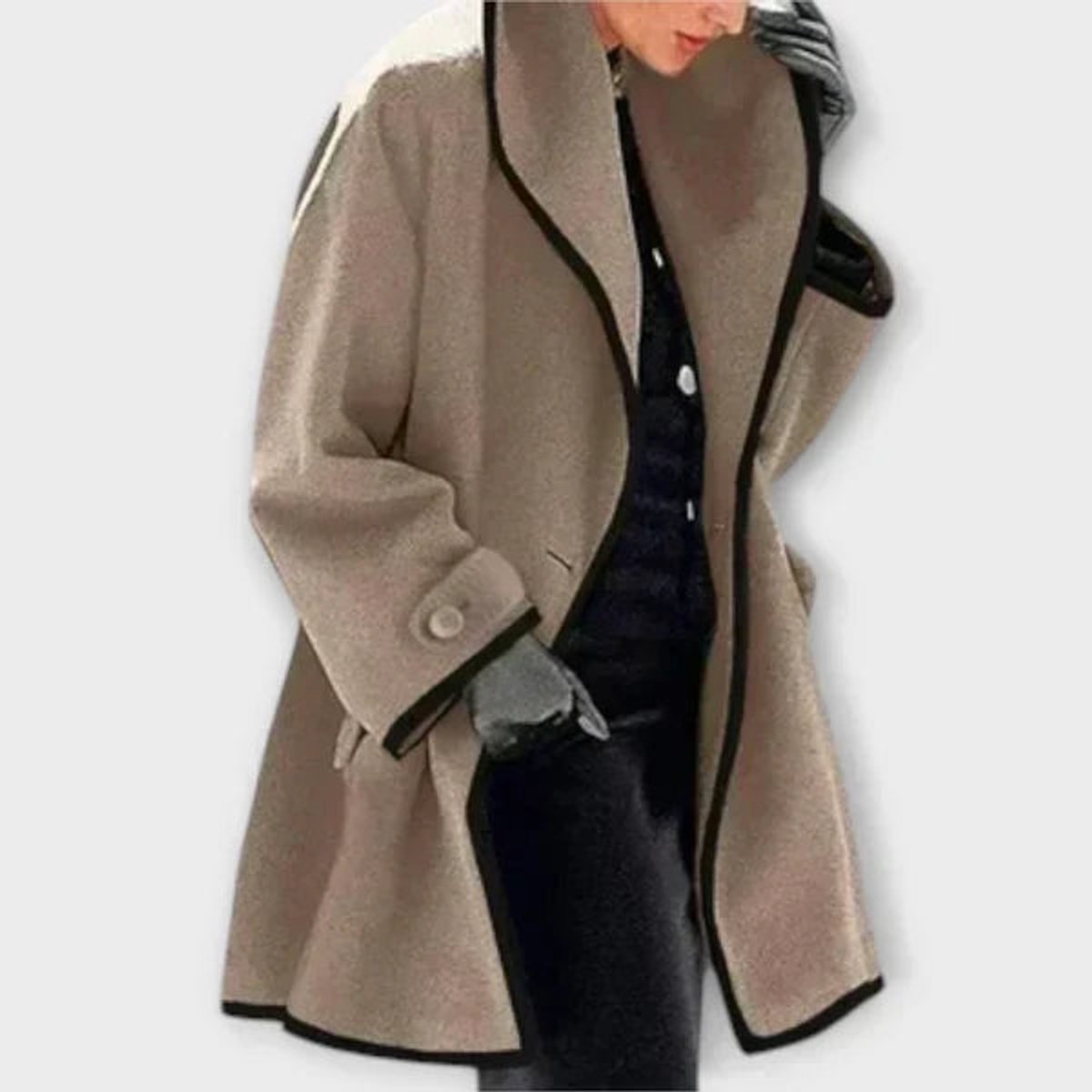 Women's Oversized Wool-Blend Swing Coat with Contrast Trim | Autumn - Khaki