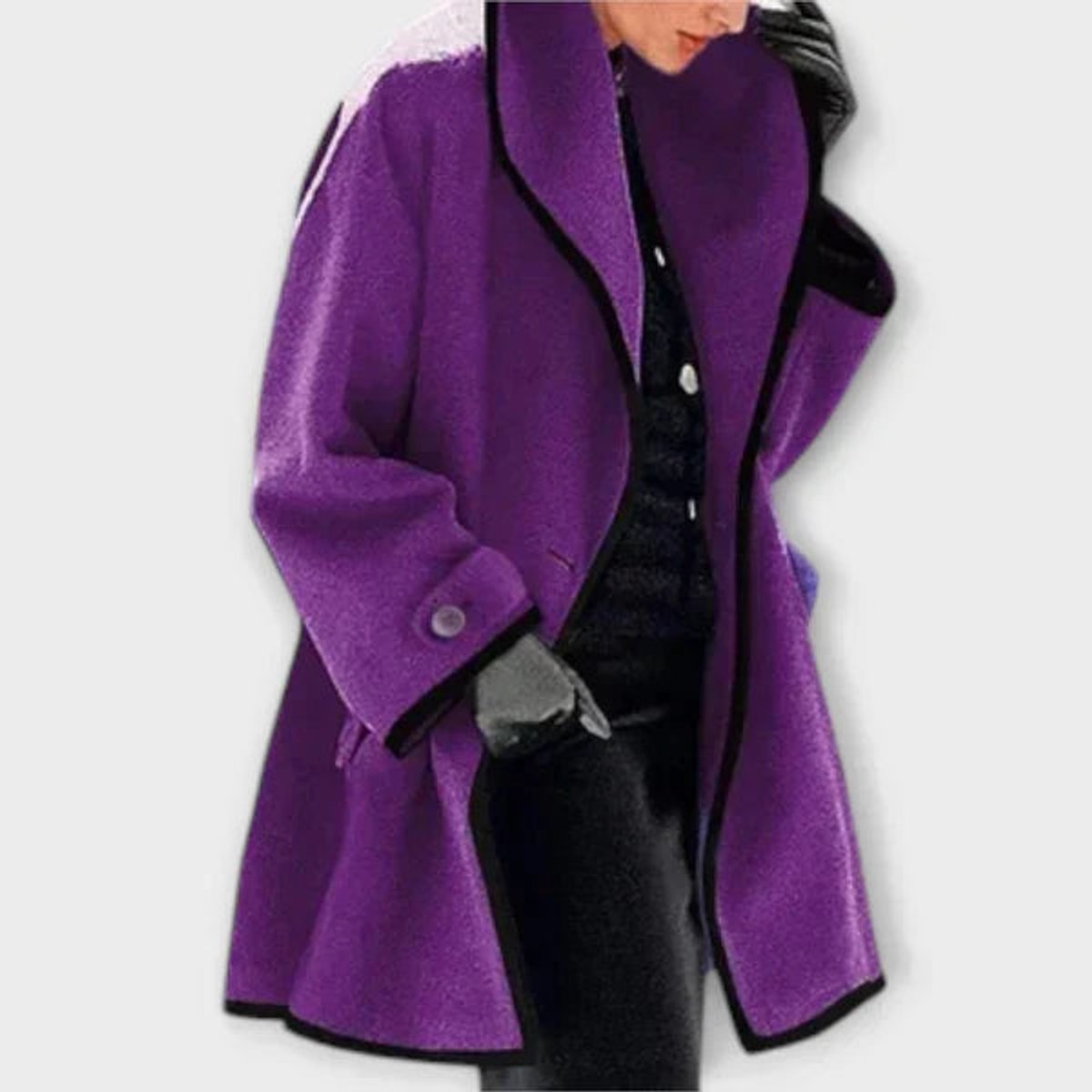 Women's Oversized Wool-Blend Swing Coat with Contrast Trim | Autumn - Purple