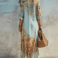 Women's Paisley Print Button-Down Flowy Maxi Dress - Light Blue