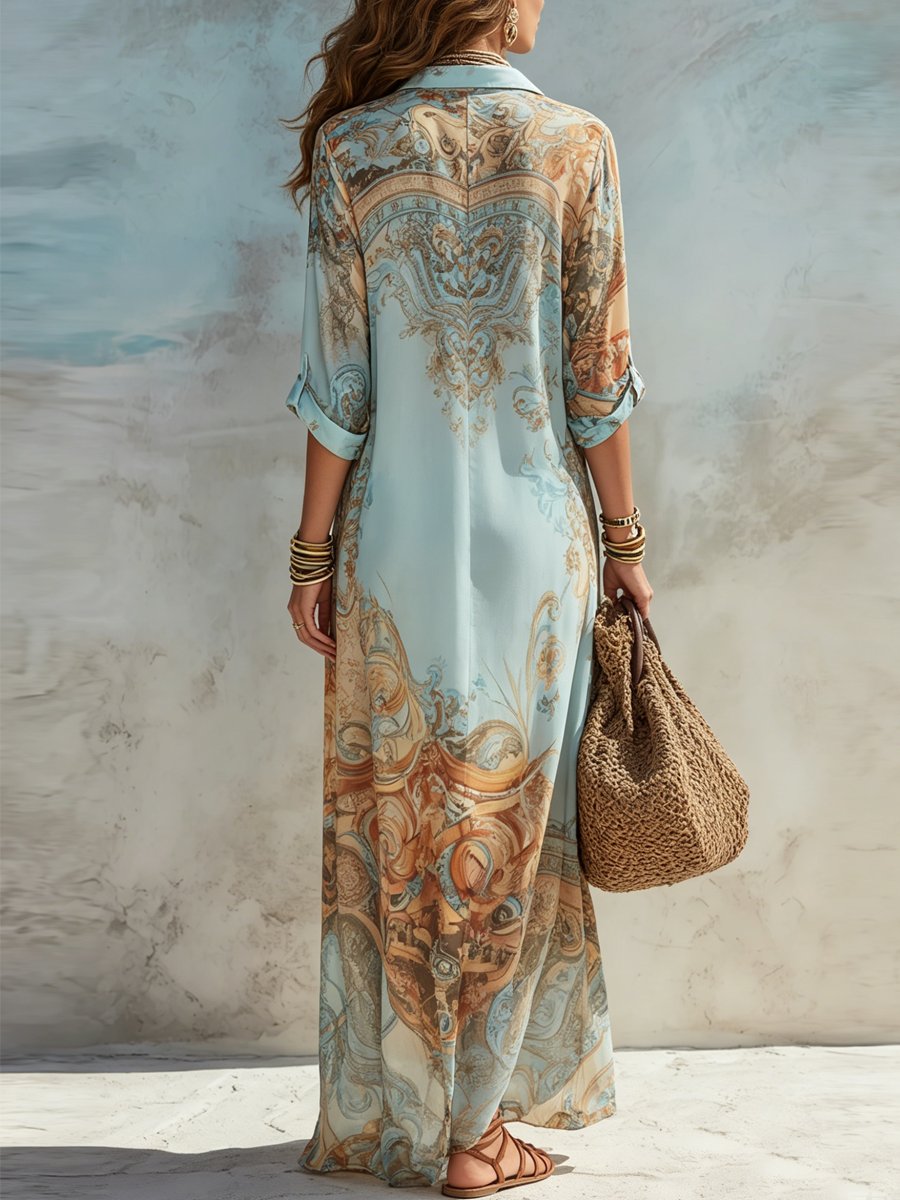 Women's Paisley Print Button-Down Flowy Maxi Dress - Light Blue