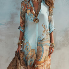 Women's Paisley Print Button-Down Flowy Maxi Dress - Light Blue