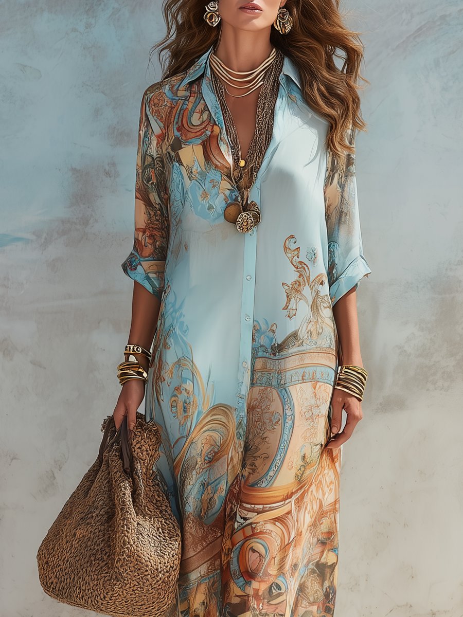 Women's Paisley Print Button-Down Flowy Maxi Dress - Light Blue