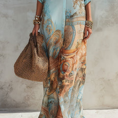 Women's Paisley Print Button-Down Flowy Maxi Dress - Light Blue