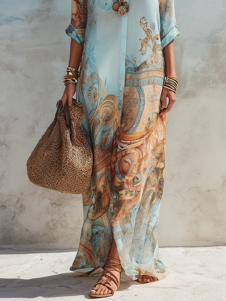 Women's Paisley Print Button-Down Flowy Maxi Dress - Light Blue
