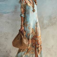 Women's Paisley Print Button-Down Flowy Maxi Dress - Light Blue