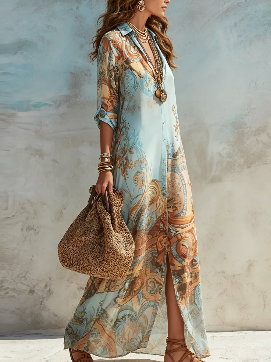Women's Paisley Print Button-Down Flowy Maxi Dress - Light Blue