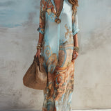Women's Paisley Print Button-Down Flowy Maxi Dress - Light Blue - Light Blue