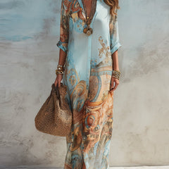 Women's Paisley Print Button-Down Flowy Maxi Dress - Light Blue - Light Blue