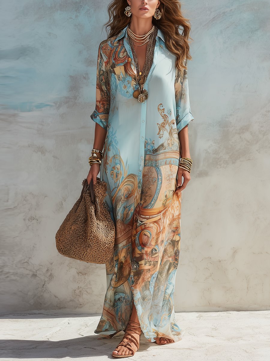 Women's Paisley Print Button-Down Flowy Maxi Dress - Light Blue - Light Blue