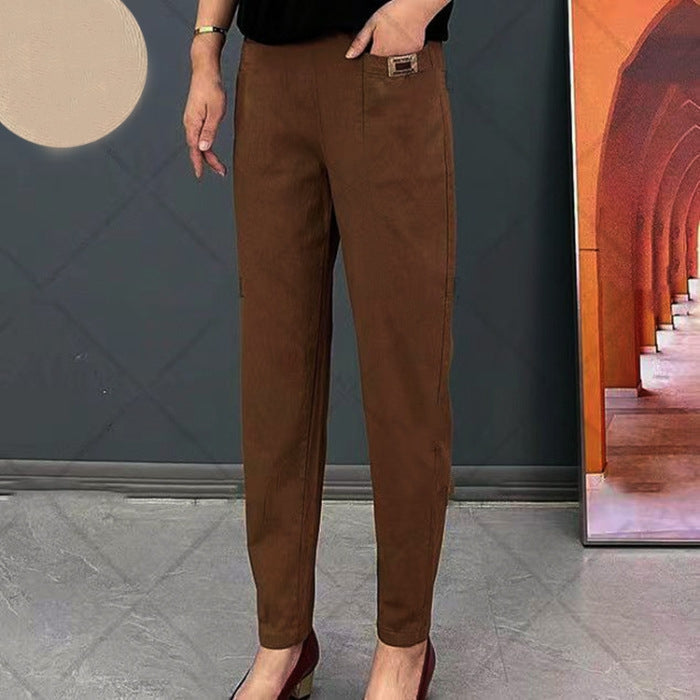Women's Pants | High Waist | Elegant | Spring - Dark Brown