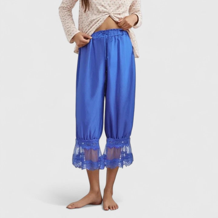 Women's Patchwork Lace Trousers - Relaxed Fit Casual | Spring - Blue