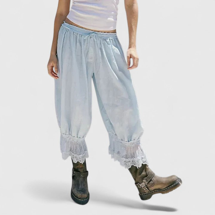Women's Patchwork Lace Trousers - Relaxed Fit Casual | Spring - Gray Blue