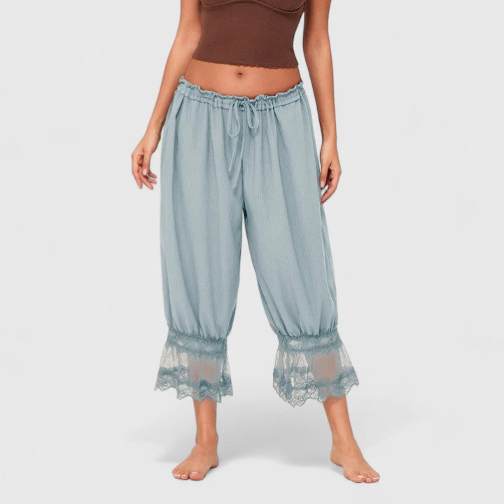 Women's Patchwork Lace Trousers - Relaxed Fit Casual | Spring - Light Blue