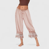 Women's Patchwork Lace Trousers - Relaxed Fit Casual | Spring - Pink