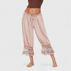 Women's Patchwork Lace Trousers - Relaxed Fit Casual | Spring - Pink