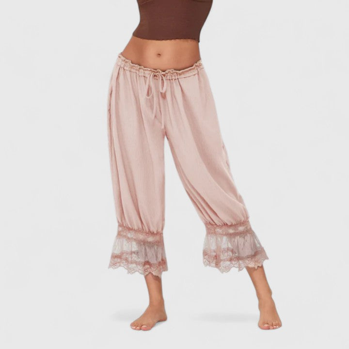 Women's Patchwork Lace Trousers - Relaxed Fit Casual | Spring - Pink