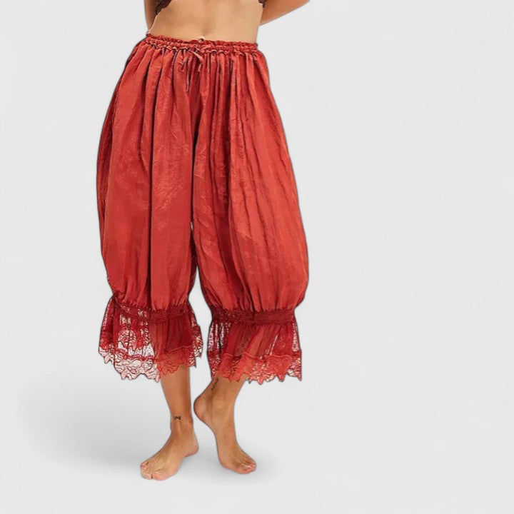 Women's Patchwork Lace Trousers - Relaxed Fit Casual | Spring - Red