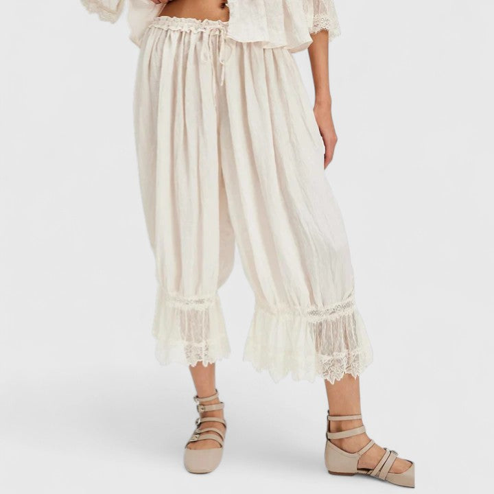 Women's Patchwork Lace Trousers - Relaxed Fit Casual | Spring - White