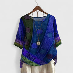 Women's Patchwork Short Sleeve Top - Bohemian Artistic Blouse | Autumn - Blue