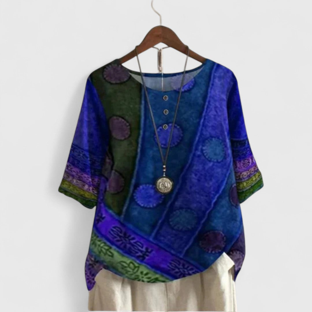 Women's Patchwork Short Sleeve Top - Bohemian Artistic Blouse | Autumn - Blue