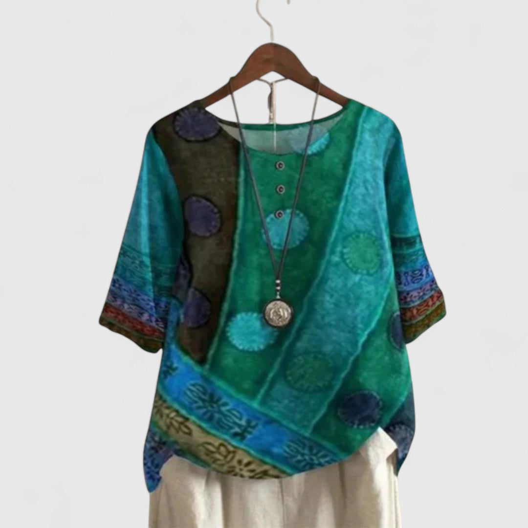 Women's Patchwork Short Sleeve Top - Bohemian Artistic Blouse | Autumn - Green