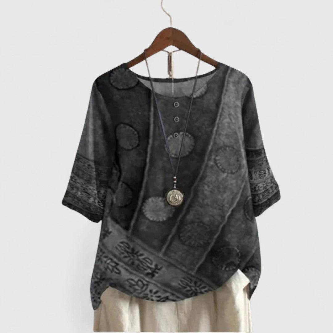 Women's Patchwork Short Sleeve Top - Bohemian Artistic Blouse | Autumn - Grey