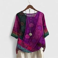 Women's Patchwork Short Sleeve Top - Bohemian Artistic Blouse | Autumn - Purple