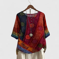 Women's Patchwork Short Sleeve Top - Bohemian Artistic Blouse | Autumn - Red