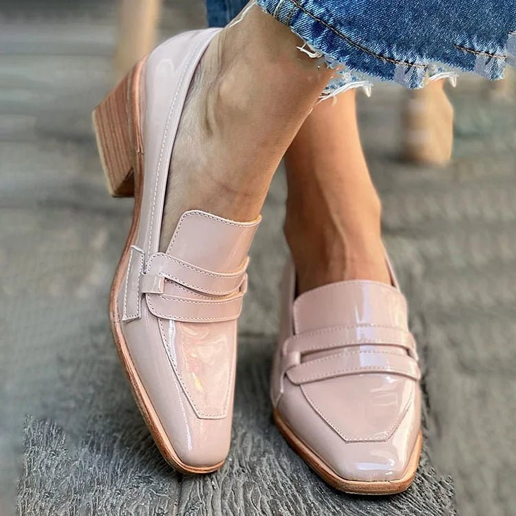 Women's Patent Leather Loafers Block Heel Slip-On | Spring - Pink