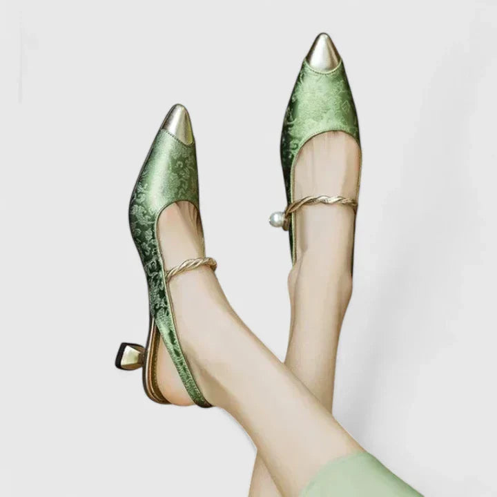 Women's Pearl Strap Orthopedic Heels - Kitten Heel with Floral Texture