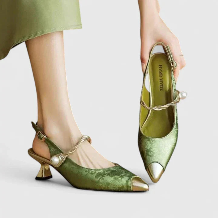 Women's Pearl Strap Orthopedic Heels - Kitten Heel with Floral Texture - Green