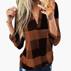 Women's Plaid Blouse | V-Neck | Classic | Winter - Brown