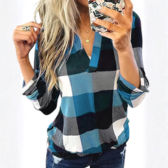Women's Plaid Blouse | V-Neck | Classic | Winter - Light Blue