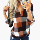 Women's Plaid Blouse | V-Neck | Classic | Winter - Orange