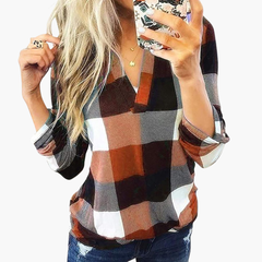 Women's Plaid Blouse | V-Neck | Classic | Winter - Orange