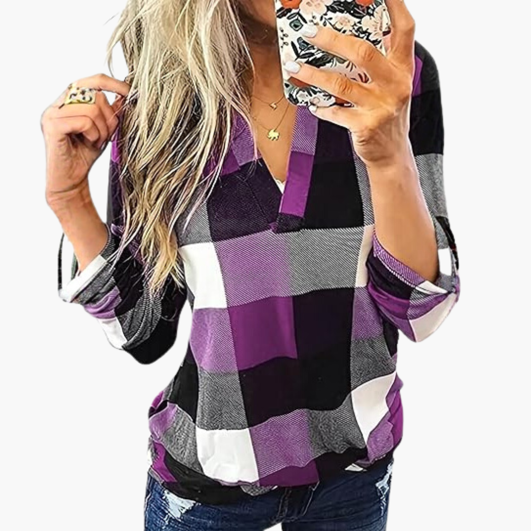 Women's Plaid Blouse | V-Neck | Classic | Winter - Purple
