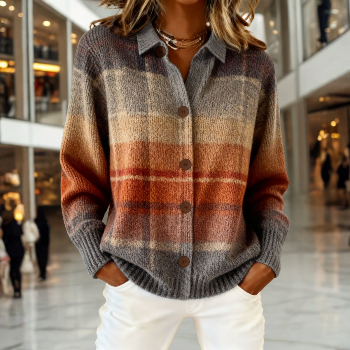 Women's Plaid Button-Down Knit Cardigan - Relaxed Fit | Autumn - Multicolor