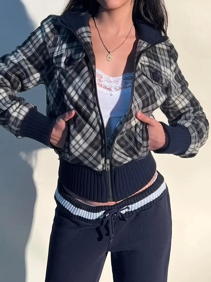 Women's Plaid Cropped Jacket - Modern Fitted Style | Fall