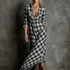 Women's Plaid Flannel Maxi Shirtdress - Button-Down | Autumn - Black