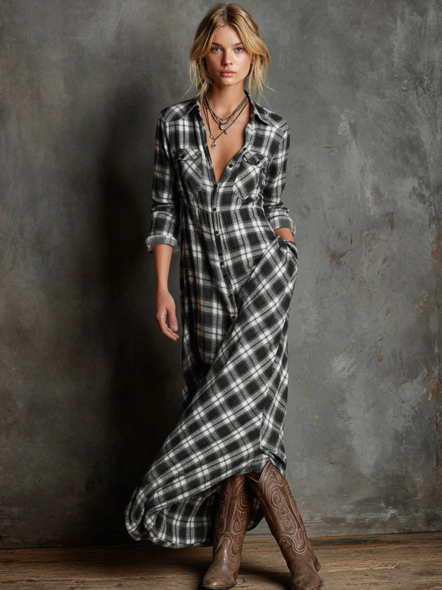 Women's Plaid Flannel Maxi Shirtdress - Button-Down | Autumn - Black