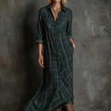 Women's Plaid Flannel Maxi Shirtdress - Button-Down | Autumn - Green