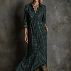 Women's Plaid Flannel Maxi Shirtdress - Button-Down | Autumn - Green