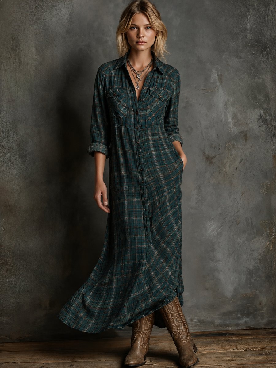 Women's Plaid Flannel Maxi Shirtdress - Button-Down | Autumn - Green