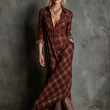 Women's Plaid Flannel Maxi Shirtdress - Button-Down | Autumn - Red
