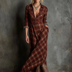 Women's Plaid Flannel Maxi Shirtdress - Button-Down | Autumn - Red