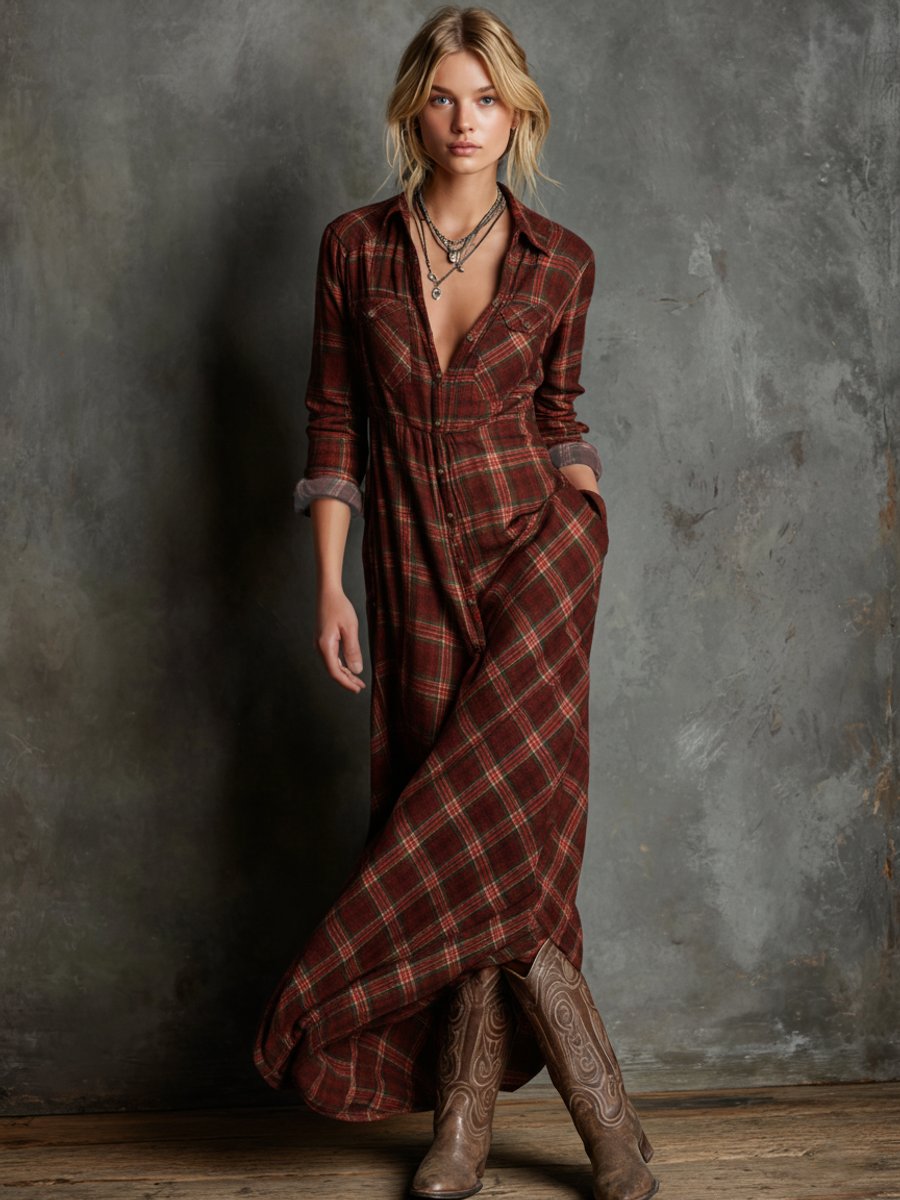 Women's Plaid Flannel Maxi Shirtdress - Button-Down | Autumn - Red