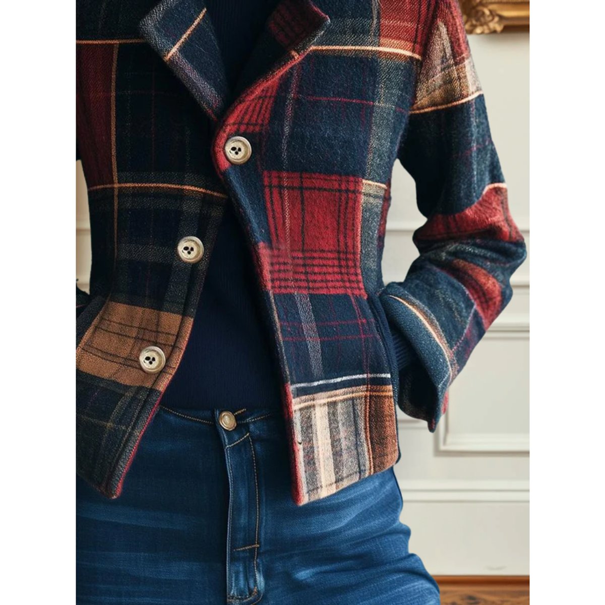 Women's Plaid Patchwork Wool-Blend Jacket - Tailored Single-Breasted
