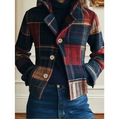 Women's Plaid Patchwork Wool-Blend Jacket - Tailored Single-Breasted - Multicolored