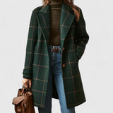 Women's Plaid Wool-Blend Longline Coat - Notch Lapel | Autumn - Dark Green