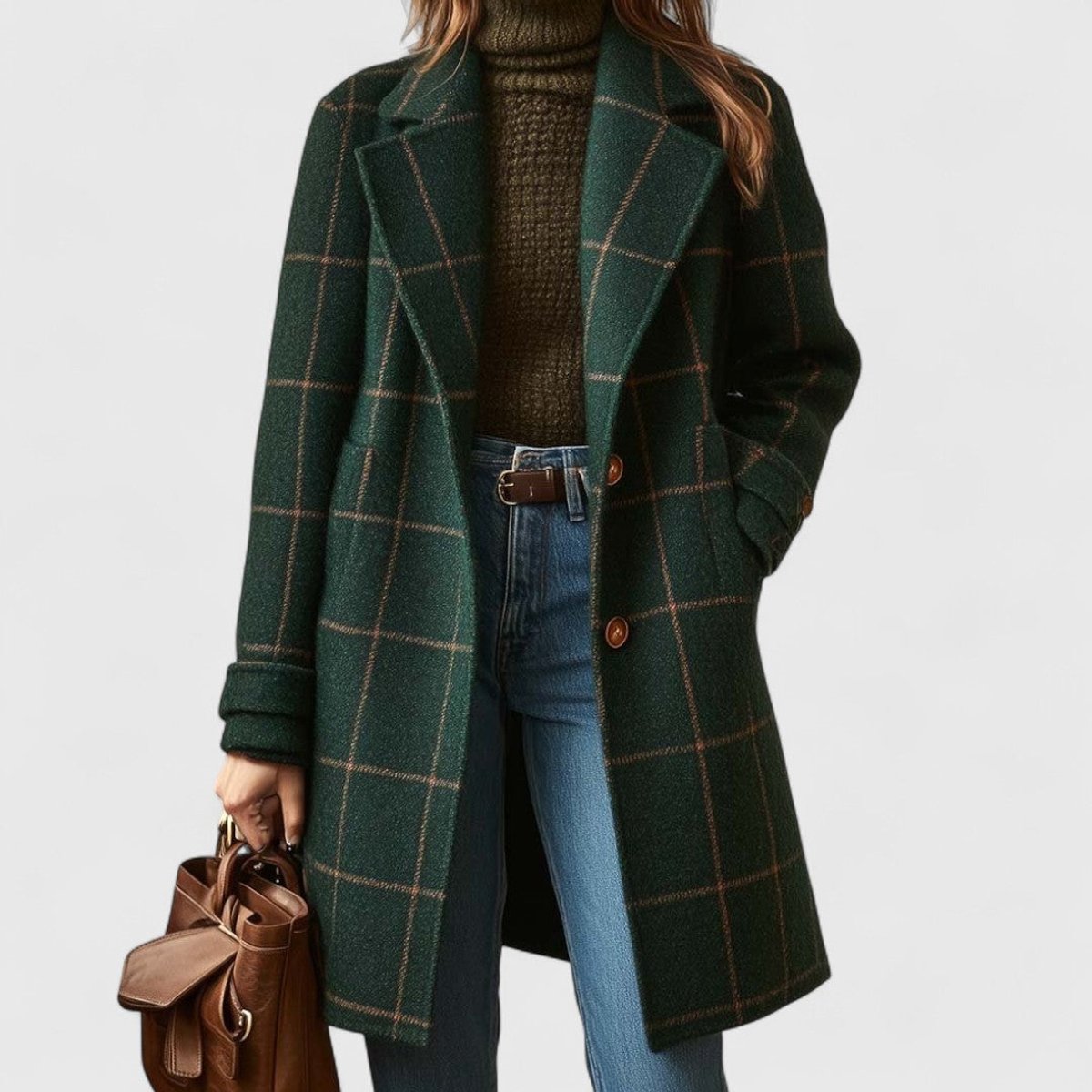 Women's Plaid Wool-Blend Longline Coat - Notch Lapel | Autumn - Dark Green